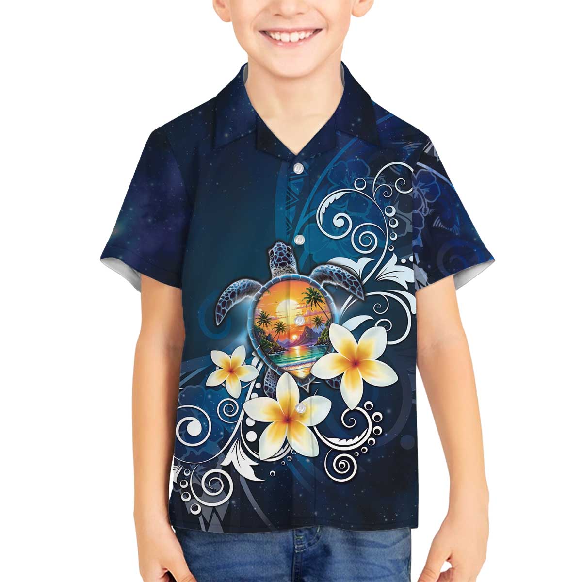 Hawaii Honu Family Matching Off The Shoulder Long Sleeve Dress and Hawaiian Shirt Polynesian Curves Plumeria LT05 Son's Shirt Navy - Polynesian Pride
