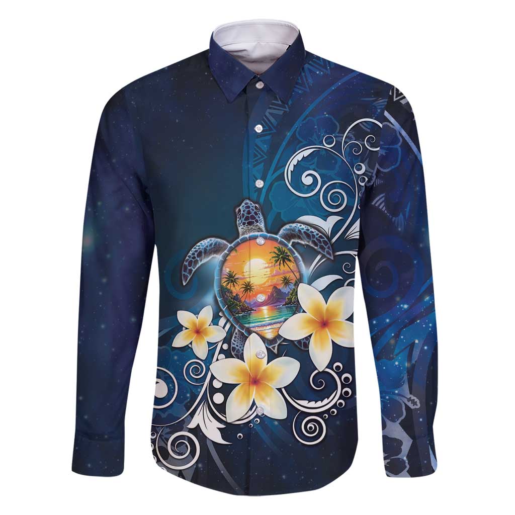Hawaii Honu Family Matching Off Shoulder Maxi Dress and Hawaiian Shirt Polynesian Curves Plumeria LT05 Dad's Shirt - Long Sleeve Navy - Polynesian Pride