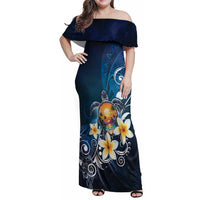 Hawaii Honu Family Matching Off Shoulder Maxi Dress and Hawaiian Shirt Polynesian Curves Plumeria LT05 Mom's Dress Navy - Polynesian Pride