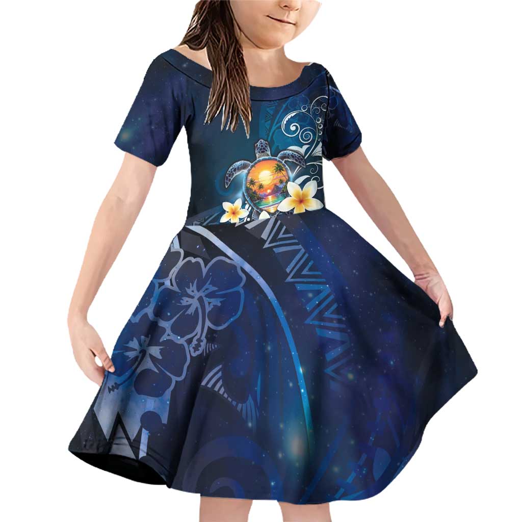 Hawaii Honu Family Matching Off Shoulder Short Dress and Hawaiian Shirt Polynesian Curves Plumeria LT05 Daughter's Dress Navy - Polynesian Pride