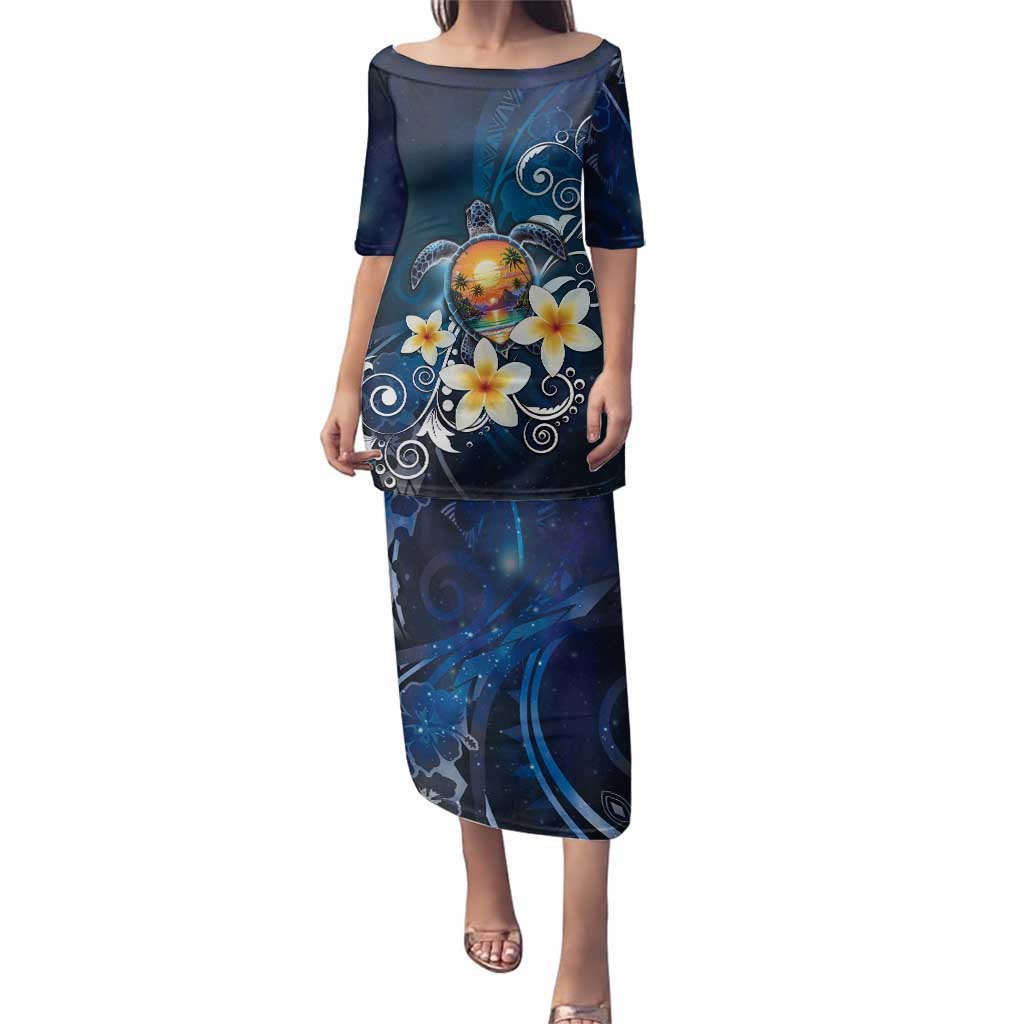 Hawaii Honu Family Matching Puletasi and Hawaiian Shirt Polynesian Curves Plumeria LT05 Mom's Dress Navy - Polynesian Pride