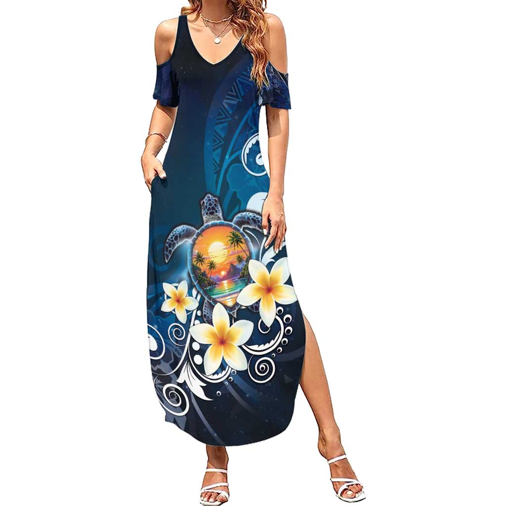Hawaii Honu Family Matching Summer Maxi Dress and Hawaiian Shirt Polynesian Curves Plumeria LT05 Mom's Dress Navy - Polynesian Pride