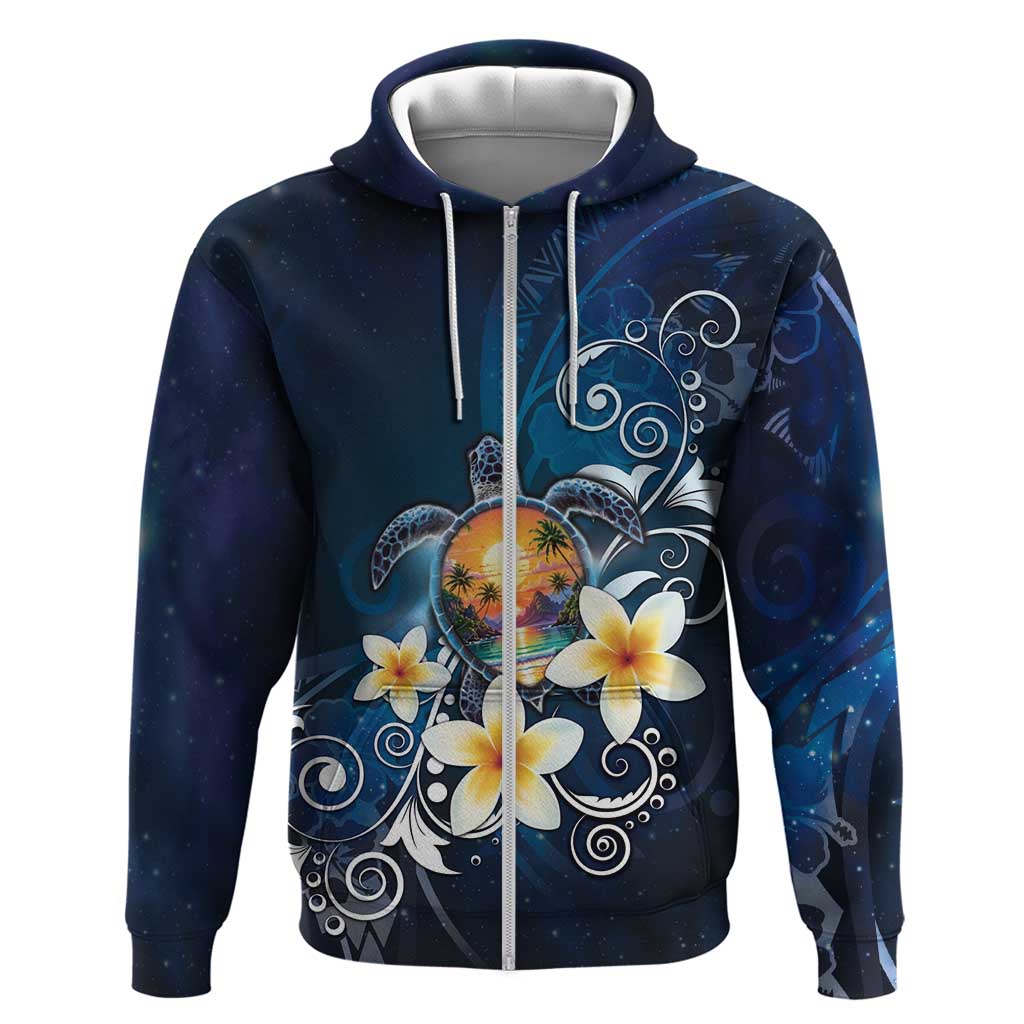 Hawaii Honu Hoodie Polynesian Curves Plumeria LT05 Zip Hoodie Navy - Polynesian Pride