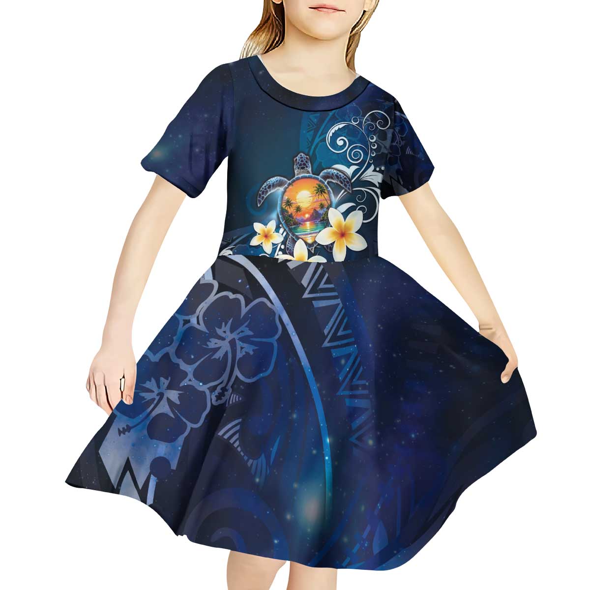 Hawaii Honu Kid Short Sleeve Dress Polynesian Curves Plumeria - Polynesian Pride