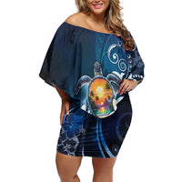 Hawaii Honu Off Shoulder Short Dress Polynesian Curves Plumeria - Polynesian Pride