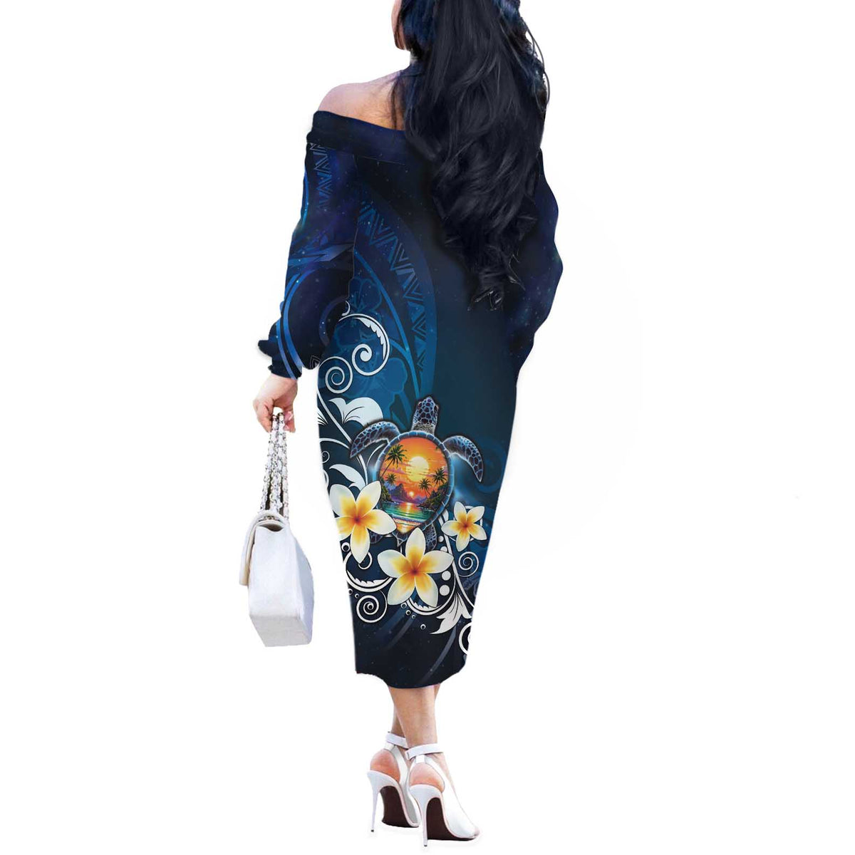 Hawaii Honu Off The Shoulder Long Sleeve Dress Polynesian Curves Plumeria - Polynesian Pride