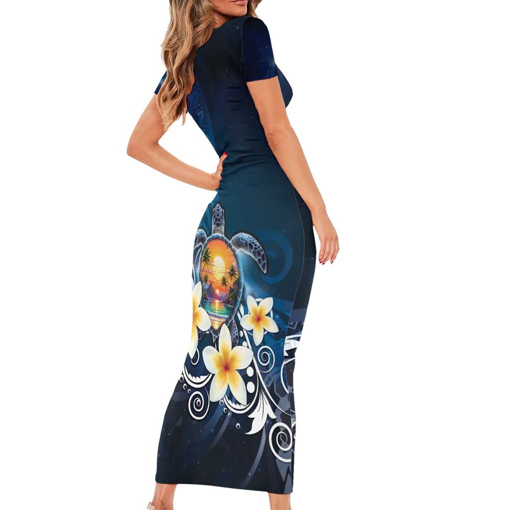 Hawaii Honu Short Sleeve Bodycon Dress Polynesian Curves Plumeria - Polynesian Pride