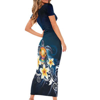 Hawaii Honu Short Sleeve Bodycon Dress Polynesian Curves Plumeria - Polynesian Pride
