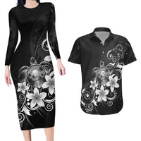 Hawaii Honu Couples Matching Long Sleeve Bodycon Dress and Hawaiian Shirt Polynesian Curves Plumeria Grayscale LT05 Black - Polynesian Pride