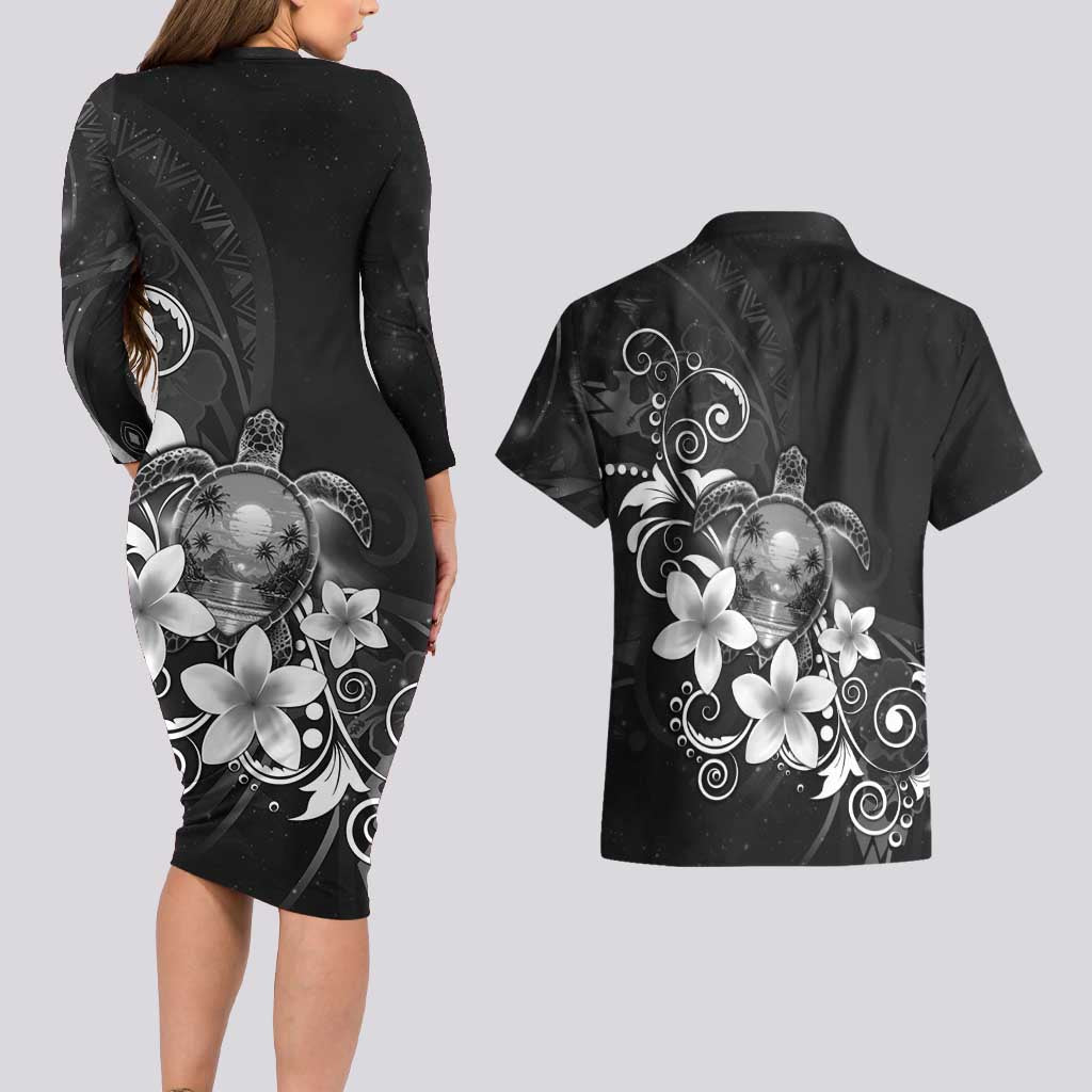 Hawaii Honu Couples Matching Long Sleeve Bodycon Dress and Hawaiian Shirt Polynesian Curves Plumeria Grayscale LT05 - Polynesian Pride