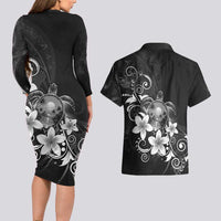 Hawaii Honu Couples Matching Long Sleeve Bodycon Dress and Hawaiian Shirt Polynesian Curves Plumeria Grayscale LT05 - Polynesian Pride