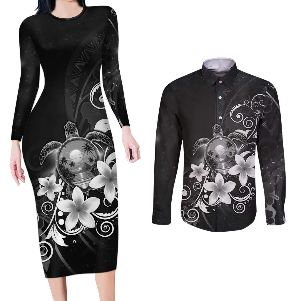 Hawaii Honu Couples Matching Long Sleeve Bodycon Dress and Long Sleeve Button Shirt Polynesian Curves Plumeria Grayscale LT05 Black - Polynesian Pride