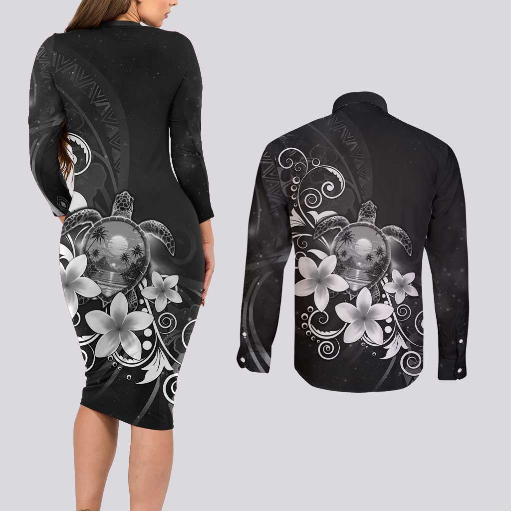 Hawaii Honu Couples Matching Long Sleeve Bodycon Dress and Long Sleeve Button Shirt Polynesian Curves Plumeria Grayscale LT05 - Polynesian Pride