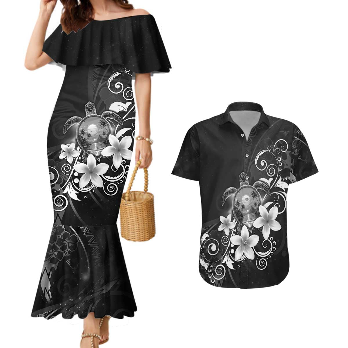 Hawaii Honu Couples Matching Mermaid Dress and Hawaiian Shirt Polynesian Curves Plumeria Grayscale LT05 Black - Polynesian Pride