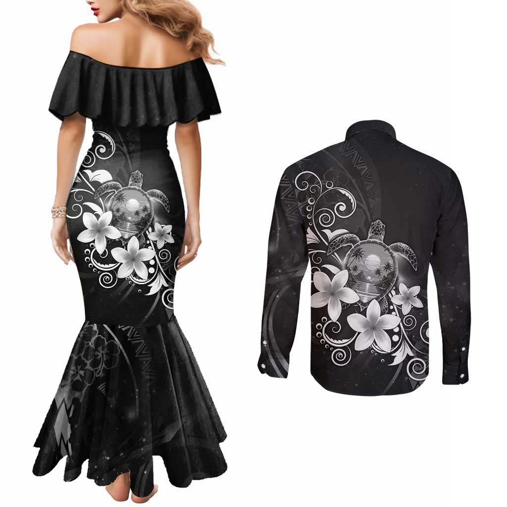 Hawaii Honu Couples Matching Mermaid Dress and Long Sleeve Button Shirt Polynesian Curves Plumeria Grayscale - Polynesian Pride