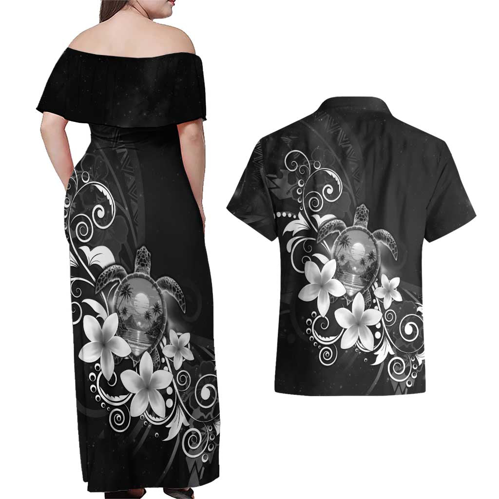 Hawaii Honu Couples Matching Off Shoulder Maxi Dress and Hawaiian Shirt - Polynesian Curves Plumeria Grayscale LT05 - Polynesian Pride