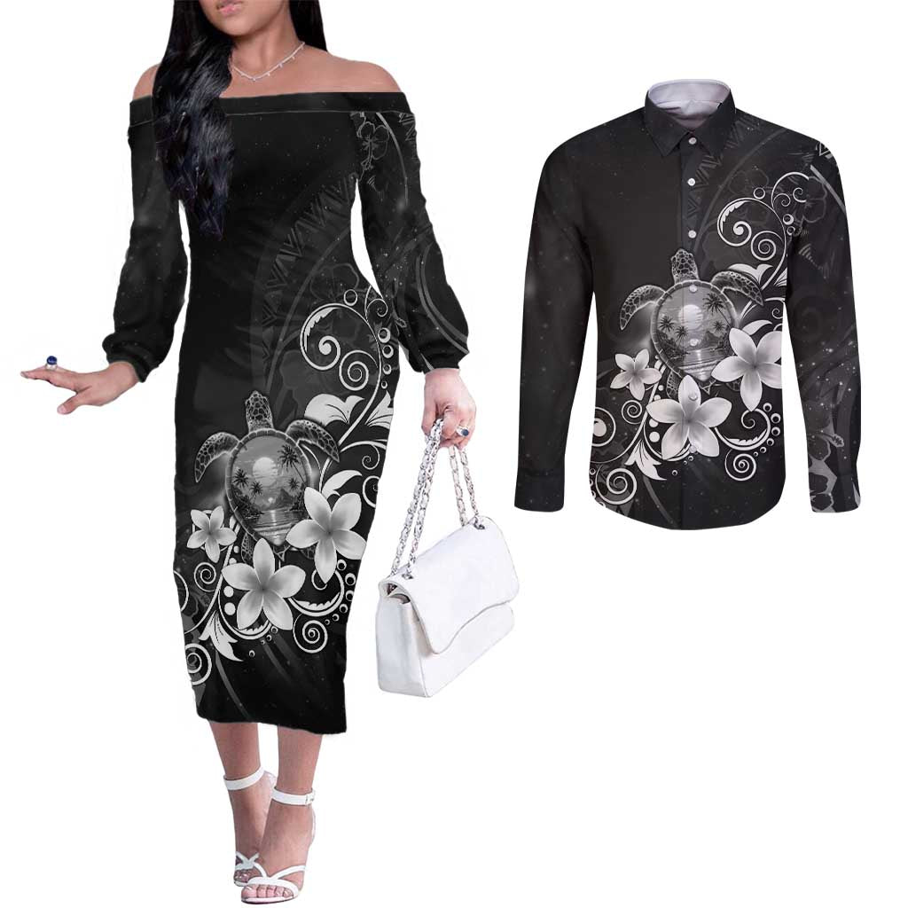 Hawaii Honu Couples Matching Off The Shoulder Long Sleeve Dress and Long Sleeve Button Shirt Polynesian Curves Plumeria Grayscale LT05 Black - Polynesian Pride