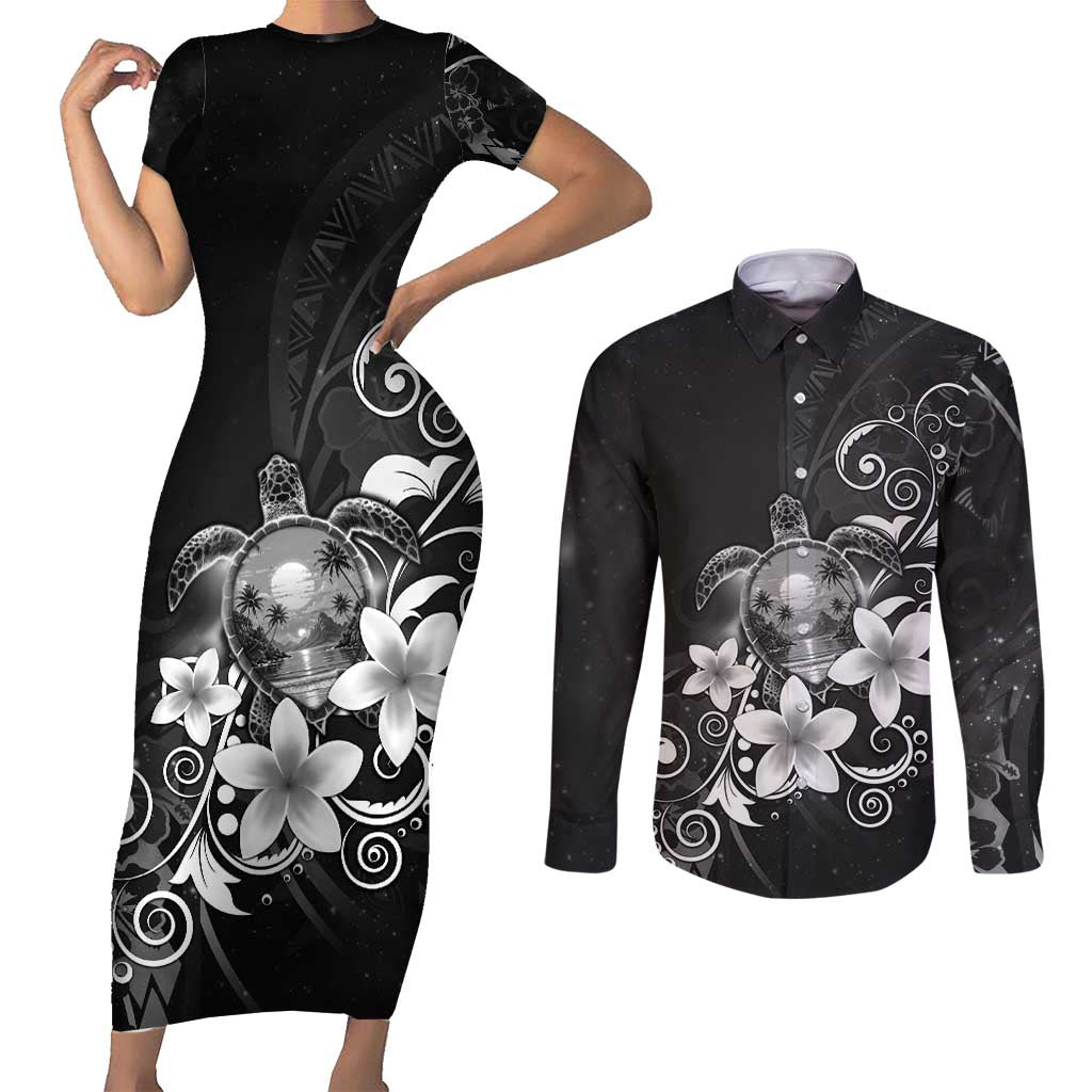 Hawaii Honu Couples Matching Short Sleeve Bodycon Dress and Long Sleeve Button Shirt Polynesian Curves Plumeria Grayscale LT05 Black - Polynesian Pride