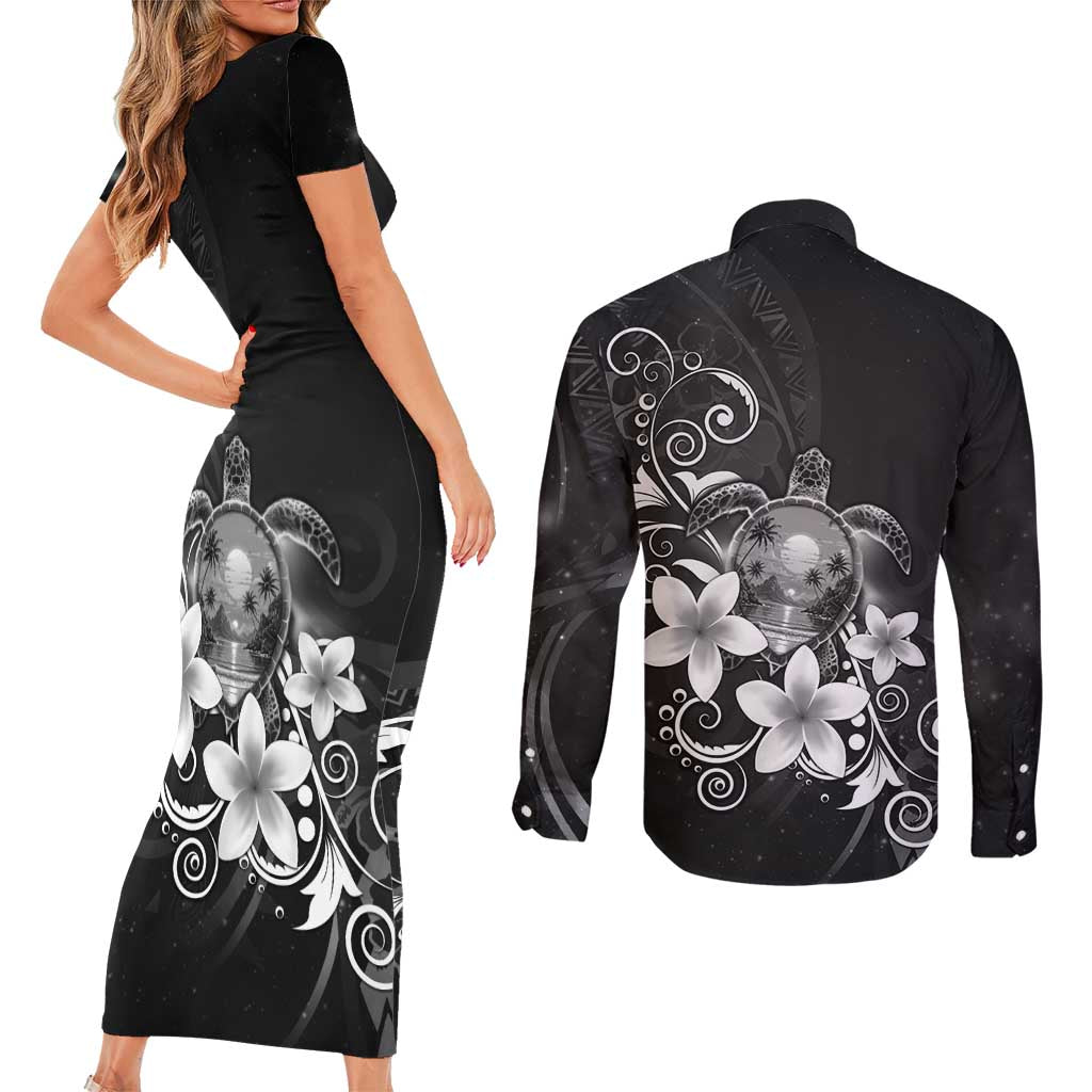 Hawaii Honu Couples Matching Short Sleeve Bodycon Dress and Long Sleeve Button Shirt Polynesian Curves Plumeria Grayscale LT05 - Polynesian Pride