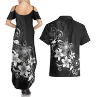 Hawaii Honu Couples Matching Summer Maxi Dress and Hawaiian Shirt Polynesian Curves Plumeria Grayscale LT05 - Polynesian Pride