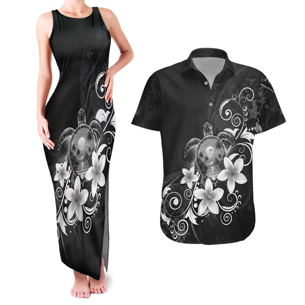 Hawaii Honu Couples Matching Tank Maxi Dress and Hawaiian Shirt - Polynesian Curves Plumeria Grayscale LT05 Black - Polynesian Pride
