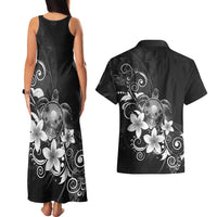 Hawaii Honu Couples Matching Tank Maxi Dress and Hawaiian Shirt - Polynesian Curves Plumeria Grayscale LT05 - Polynesian Pride