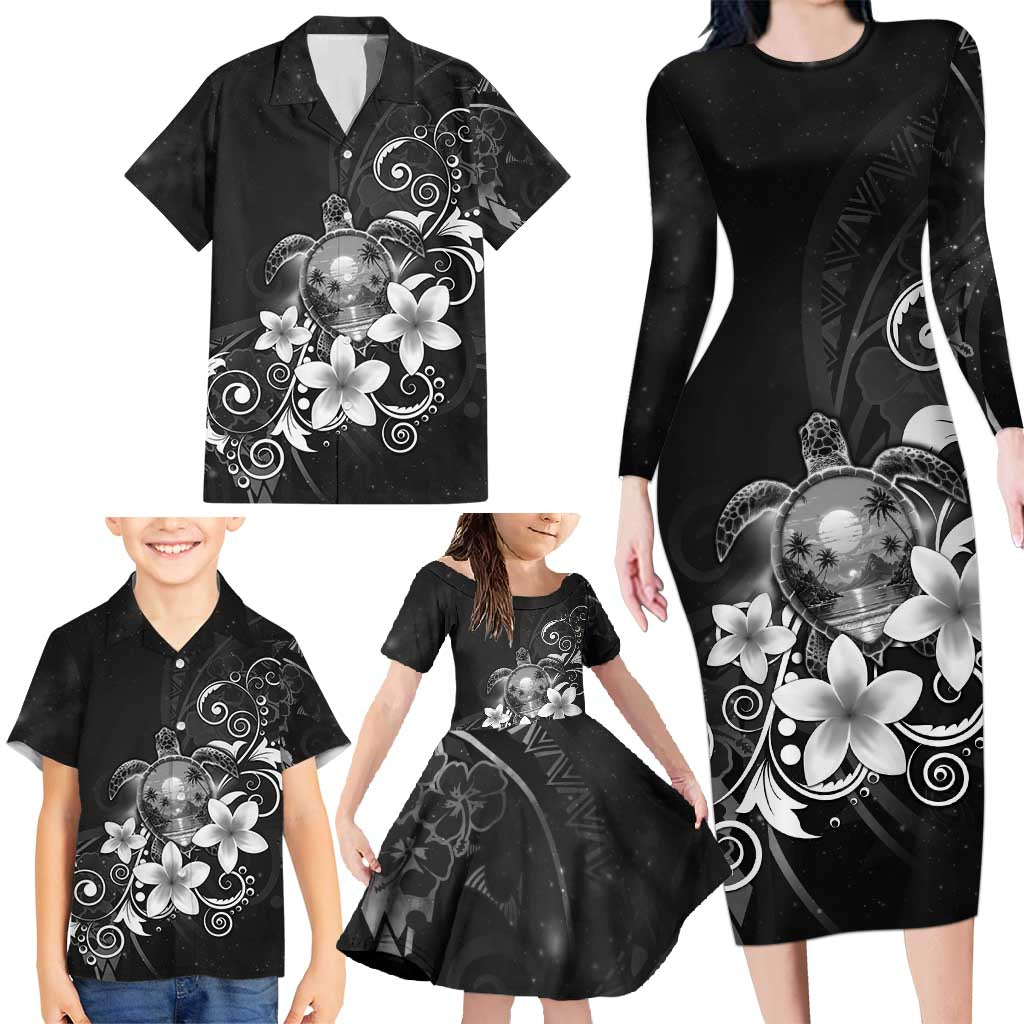 Hawaii Honu Family Matching Long Sleeve Bodycon Dress and Hawaiian Shirt Polynesian Curves Plumeria Grayscale LT05 - Polynesian Pride