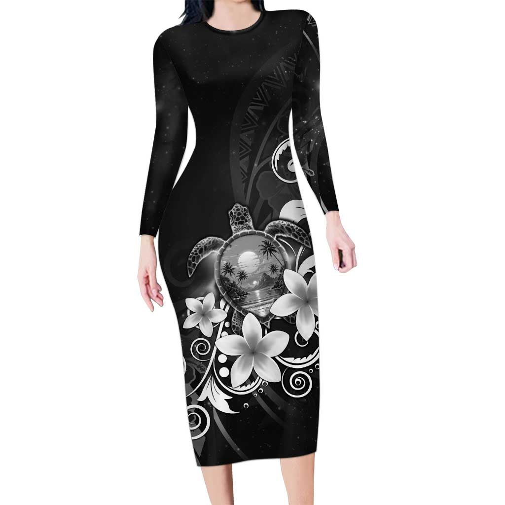 Hawaii Honu Family Matching Long Sleeve Bodycon Dress and Hawaiian Shirt Polynesian Curves Plumeria Grayscale LT05 Mom's Dress Black - Polynesian Pride