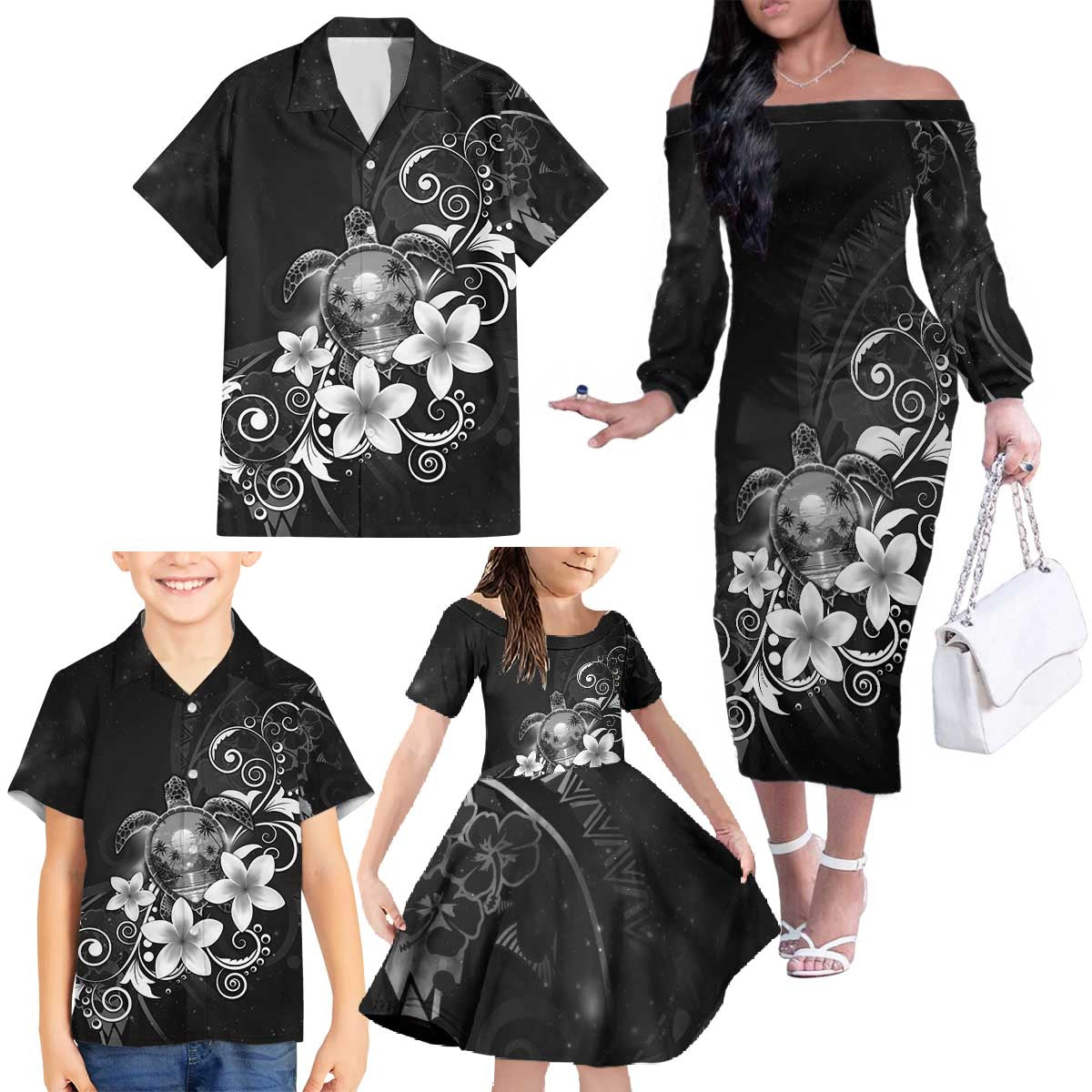Hawaii Honu Family Matching Off The Shoulder Long Sleeve Dress and Hawaiian Shirt Polynesian Curves Plumeria Grayscale LT05 - Polynesian Pride