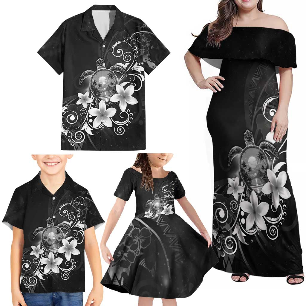 Hawaii Honu Family Matching Off Shoulder Maxi Dress and Hawaiian Shirt Polynesian Curves Plumeria Grayscale LT05 - Polynesian Pride