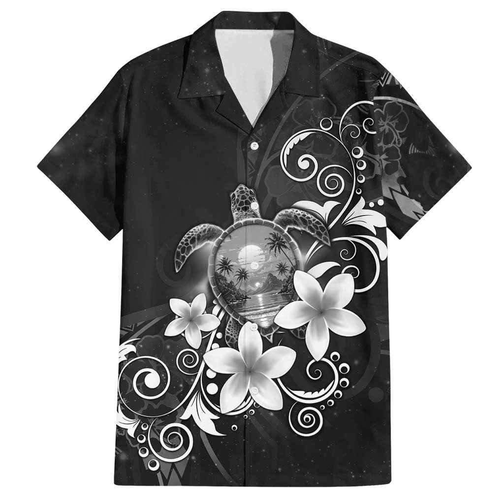 Hawaii Honu Family Matching Off Shoulder Maxi Dress and Hawaiian Shirt Polynesian Curves Plumeria Grayscale LT05 Dad's Shirt - Short Sleeve Black - Polynesian Pride