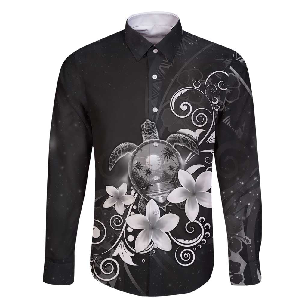 Hawaii Honu Family Matching Off Shoulder Maxi Dress and Hawaiian Shirt Polynesian Curves Plumeria Grayscale LT05 Dad's Shirt - Long Sleeve Black - Polynesian Pride