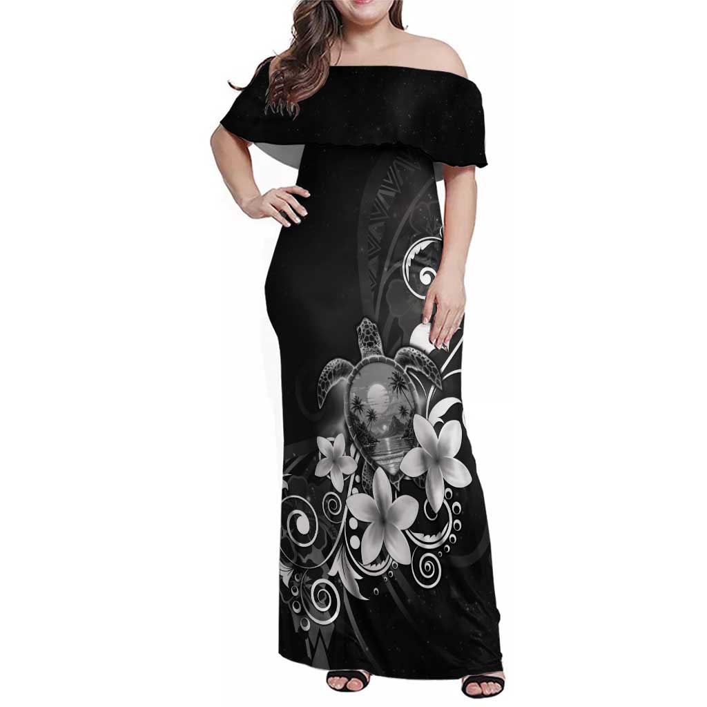 Hawaii Honu Family Matching Off Shoulder Maxi Dress and Hawaiian Shirt Polynesian Curves Plumeria Grayscale LT05 Mom's Dress Black - Polynesian Pride