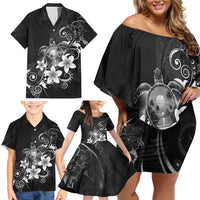 Hawaii Honu Family Matching Off Shoulder Short Dress and Hawaiian Shirt Polynesian Curves Plumeria Grayscale LT05 - Polynesian Pride