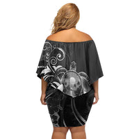 Hawaii Honu Family Matching Off Shoulder Short Dress and Hawaiian Shirt Polynesian Curves Plumeria Grayscale LT05 - Polynesian Pride