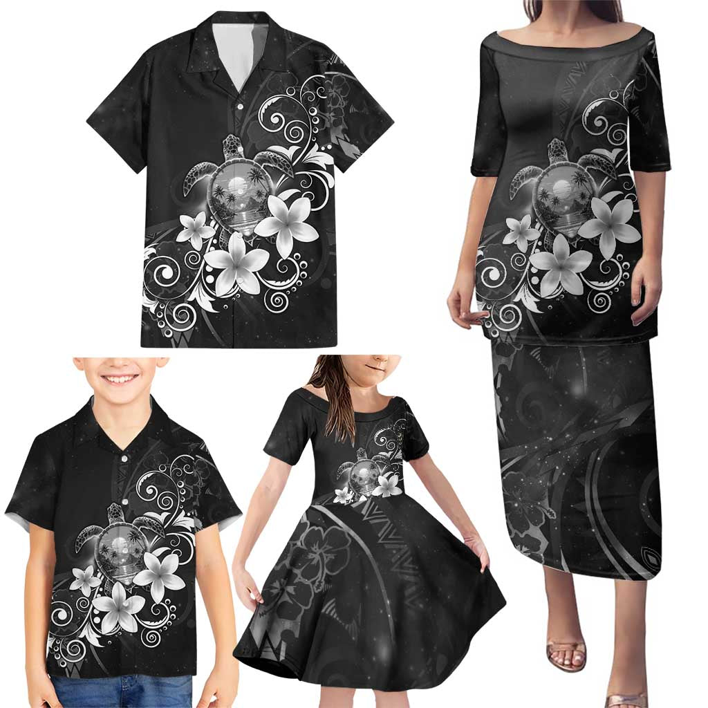 Hawaii Honu Family Matching Puletasi and Hawaiian Shirt Polynesian Curves Plumeria Grayscale LT05 - Polynesian Pride