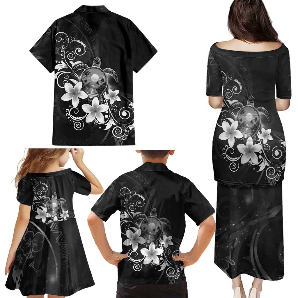 Hawaii Honu Family Matching Puletasi and Hawaiian Shirt Polynesian Curves Plumeria Grayscale LT05 - Polynesian Pride