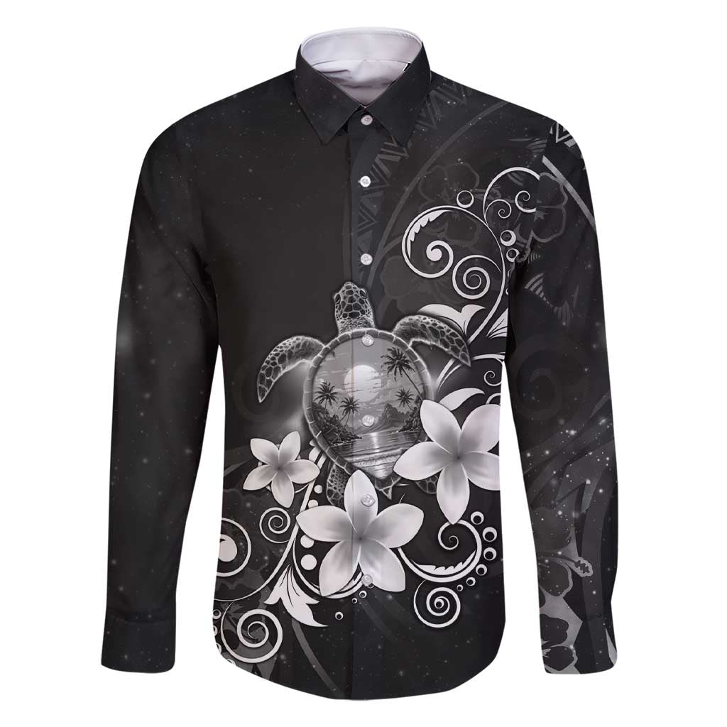 Hawaii Honu Family Matching Short Sleeve Bodycon Dress and Hawaiian Shirt Polynesian Curves Plumeria Grayscale LT05 Dad's Shirt - Long Sleeve Black - Polynesian Pride