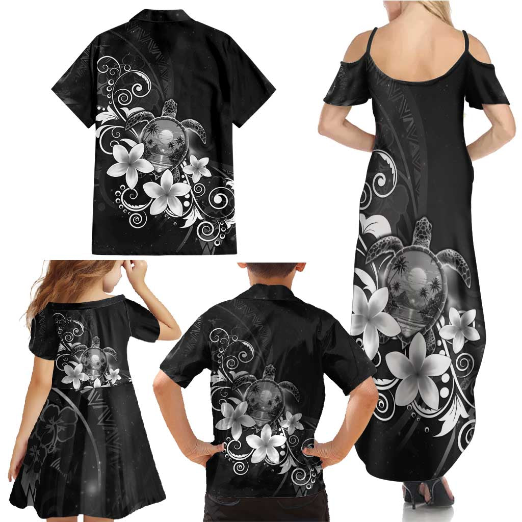 Hawaii Honu Family Matching Summer Maxi Dress and Hawaiian Shirt Polynesian Curves Plumeria Grayscale LT05 - Polynesian Pride