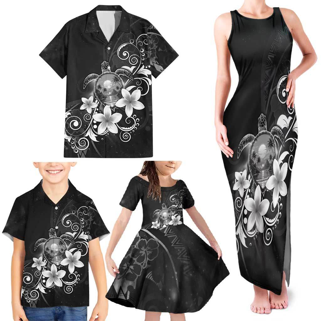 Hawaii Honu Family Matching Tank Maxi Dress and Hawaiian Shirt Polynesian Curves Plumeria Grayscale LT05 - Polynesian Pride