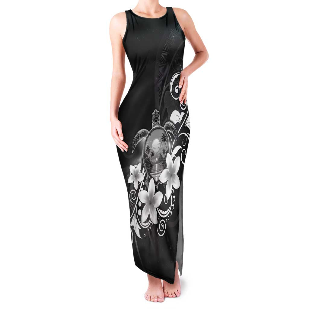 Hawaii Honu Family Matching Tank Maxi Dress and Hawaiian Shirt Polynesian Curves Plumeria Grayscale LT05 Mom's Dress Black - Polynesian Pride