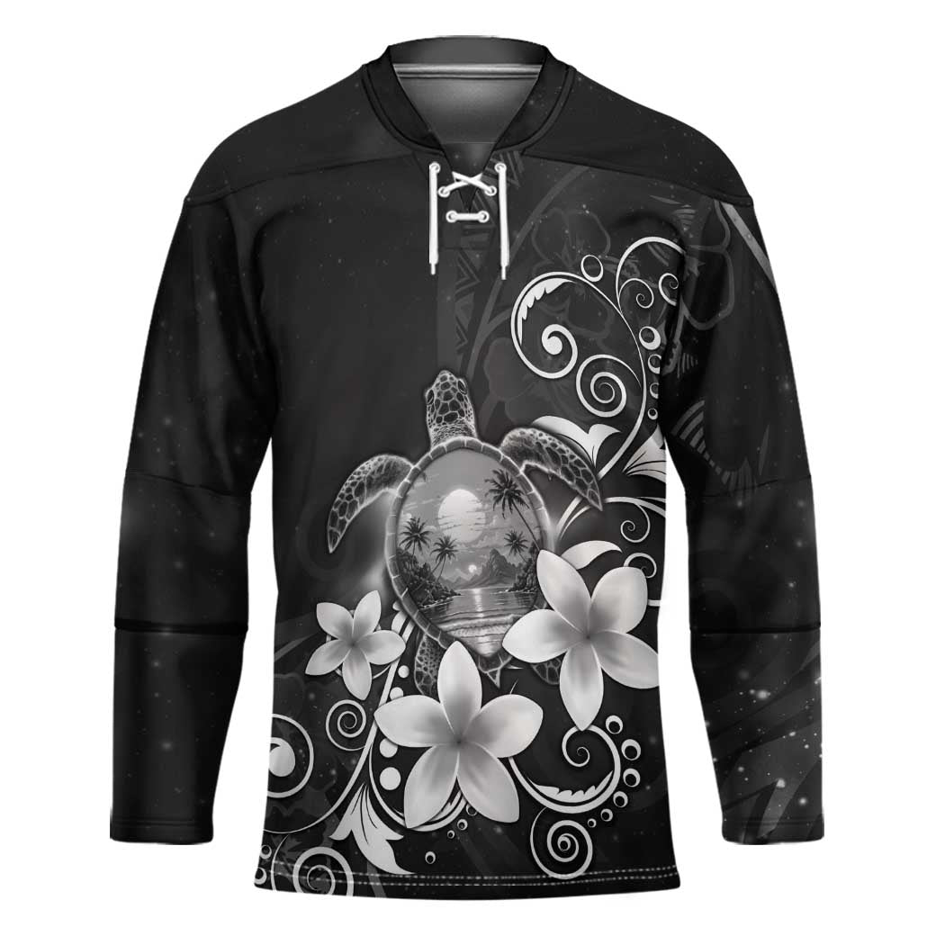 Hawaii Honu Hockey Jersey Polynesian Curves Plumeria Grayscale - Polynesian Pride