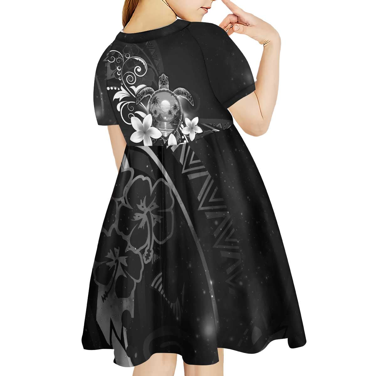 Hawaii Honu Kid Short Sleeve Dress Polynesian Curves Plumeria Grayscale - Polynesian Pride