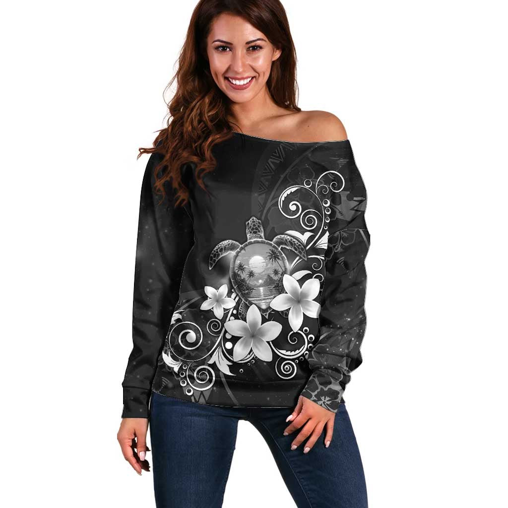 Hawaii Honu Off Shoulder Sweater Polynesian Curves Plumeria Grayscale LT05 Women Black - Polynesian Pride