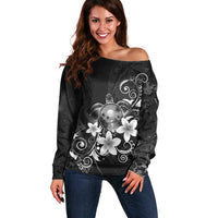 Hawaii Honu Off Shoulder Sweater Polynesian Curves Plumeria Grayscale LT05 Women Black - Polynesian Pride