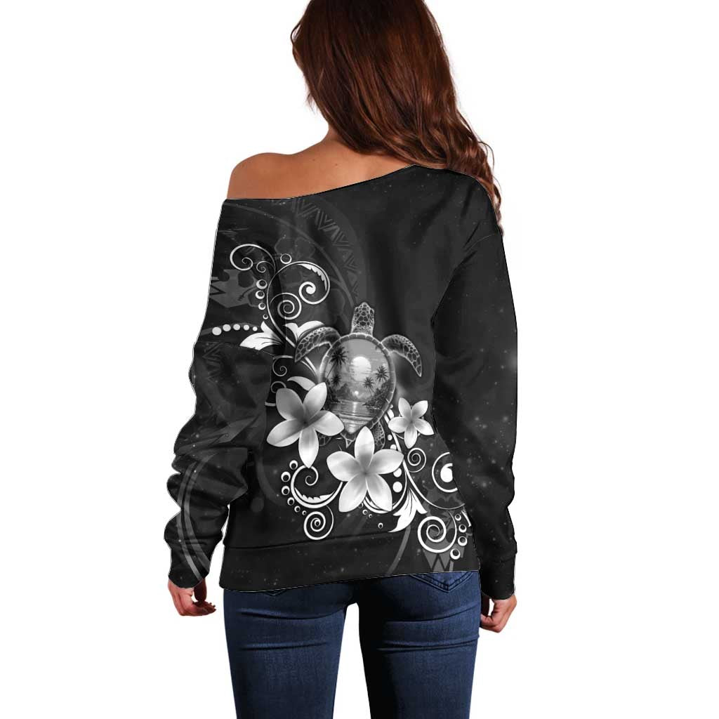 Hawaii Honu Off Shoulder Sweater Polynesian Curves Plumeria Grayscale LT05 - Polynesian Pride