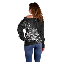 Hawaii Honu Off Shoulder Sweater Polynesian Curves Plumeria Grayscale LT05 - Polynesian Pride