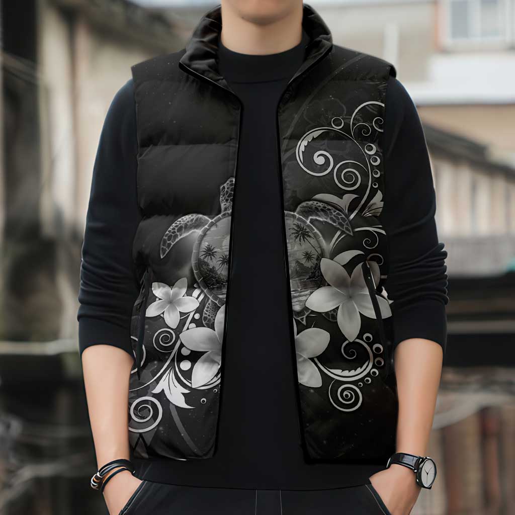 Hawaii Honu Sleeveless Puffer Jacket Polynesian Curves Plumeria Grayscale LT05 - Polynesian Pride