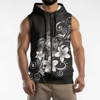 Hawaii Honu Sleeveless Zip Hoodie Polynesian Curves Plumeria Grayscale - Polynesian Pride