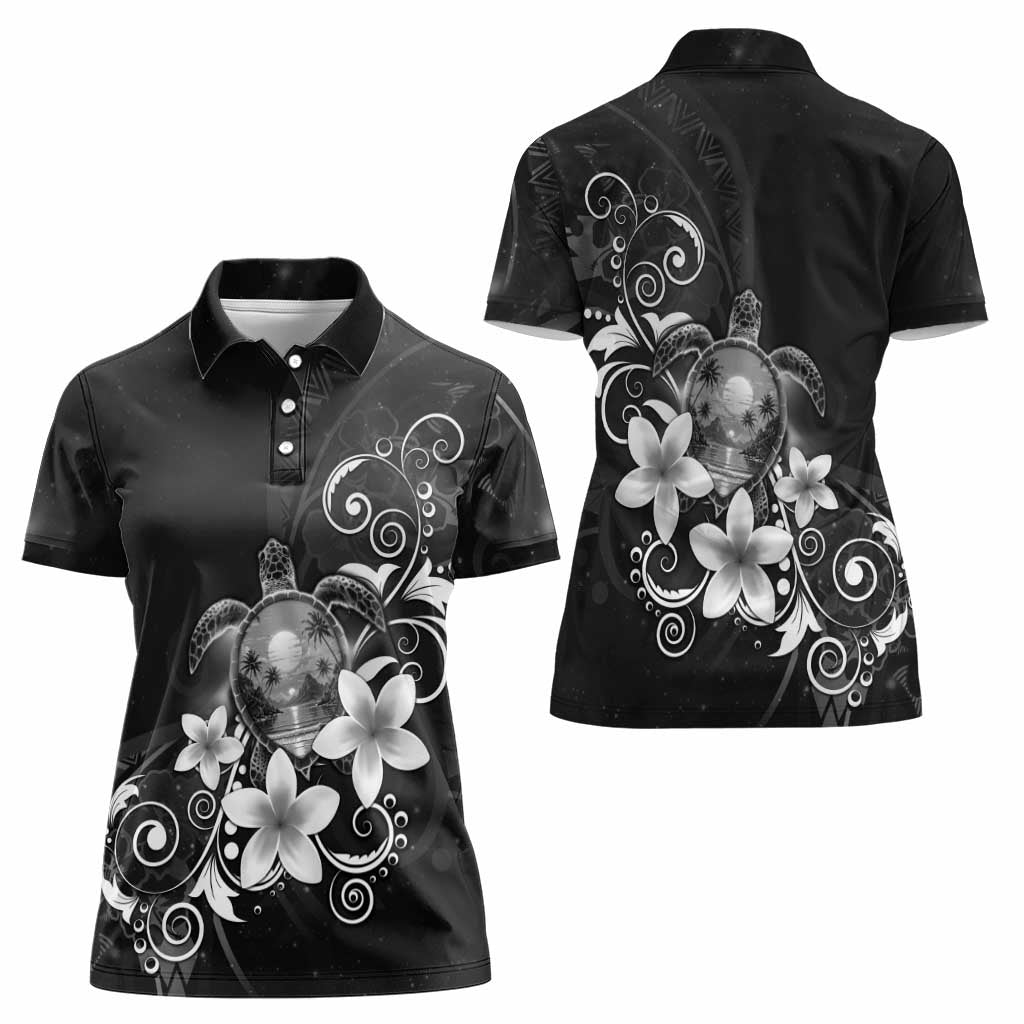 Hawaii Honu Women Polo Shirt Polynesian Curves Plumeria Grayscale - Polynesian Pride